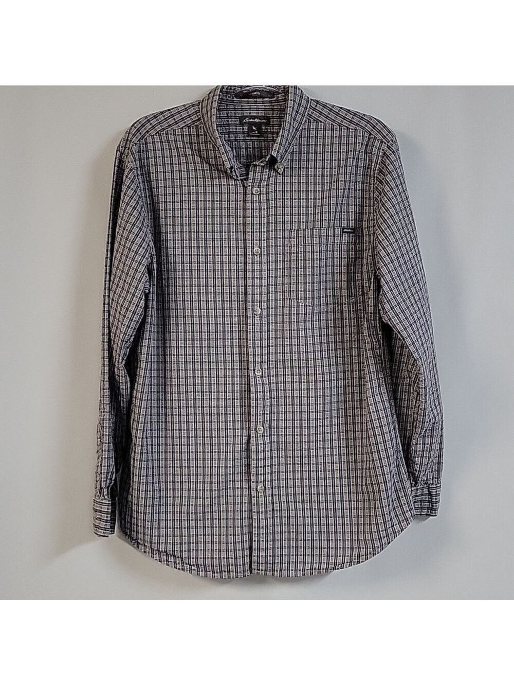 Eddie Bauer Men's Long-Sleeved Button-Down Blue Plaid Seersucker Shirt, Sz M